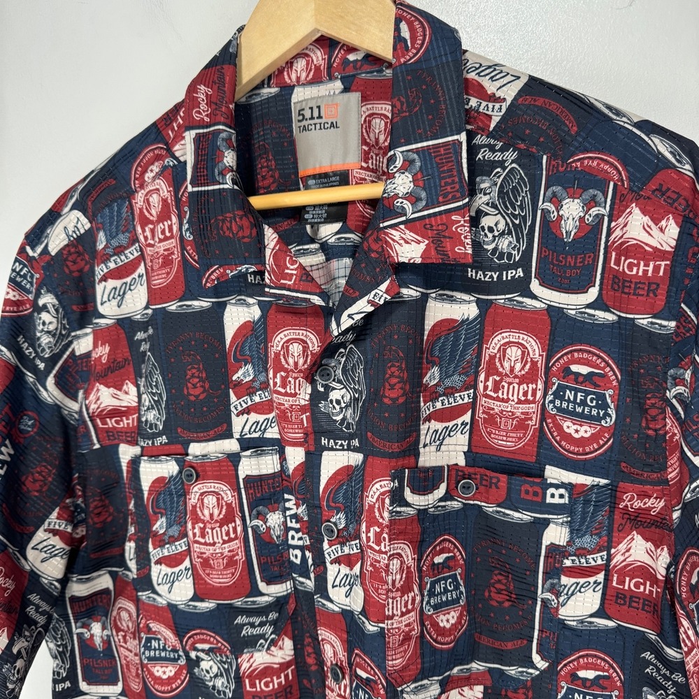 5.11 Tactical Button Shirt Men XL Blue Red Snap‎ Beer Can AOP All Over Print